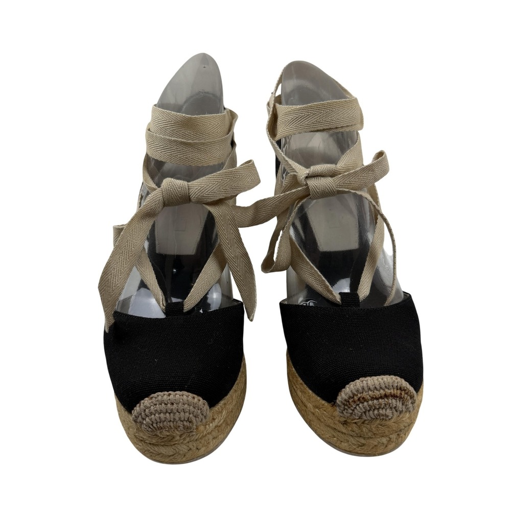 Ralph Lauren Collection Gayle Wedge Heels Black Canvas Espadrille Ankle Tie 7.5B